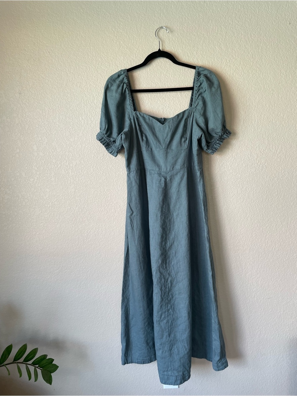 Boden Linen Midi Dress Dusty Blue Teal Sweetheart Puff Sleeve Size 8